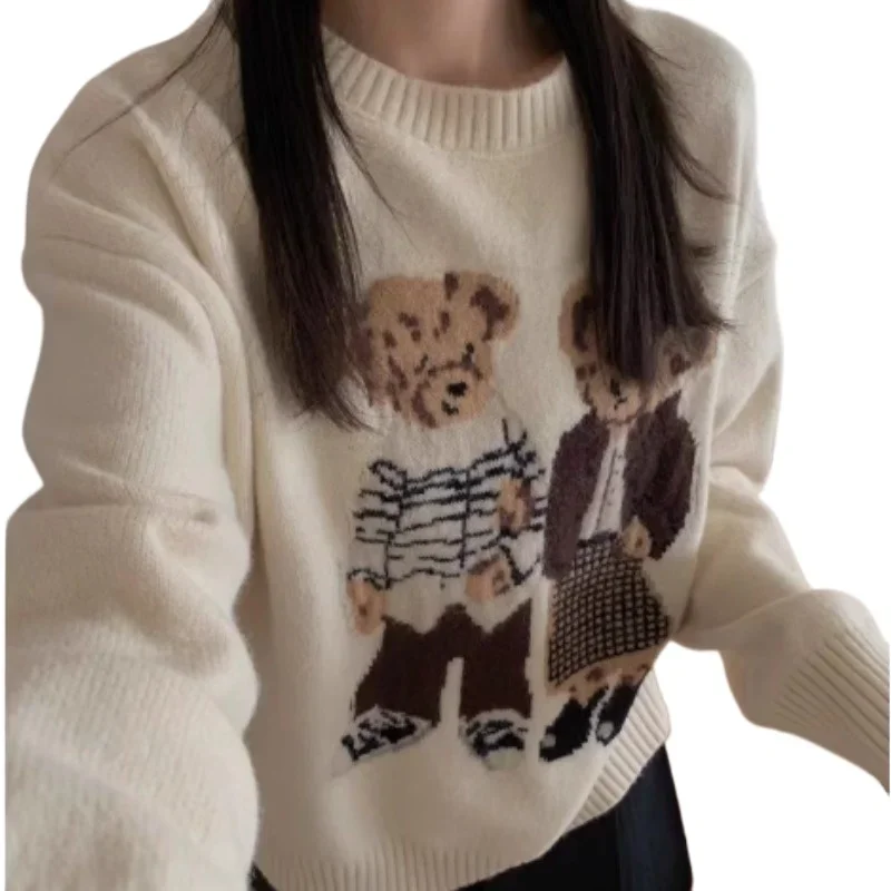 Gaganight Women O neck Cartoon Printed Pullover Knitted Sweater 2025 Autumn Winter New Vintage Korean Version Women's Clothing