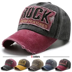 ROCK Letters Embroidered Patch Ripped Brushed Washed Distressed Design Style Unisex Cotton Adjustable Baseball Cap