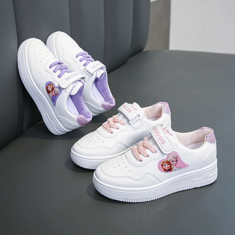 

Disney Children's Lace up Casual Shoes Flat Bottom Student Frozen Priness Elsa Anna Cartoon Cute Little White Shoes Size 26-37