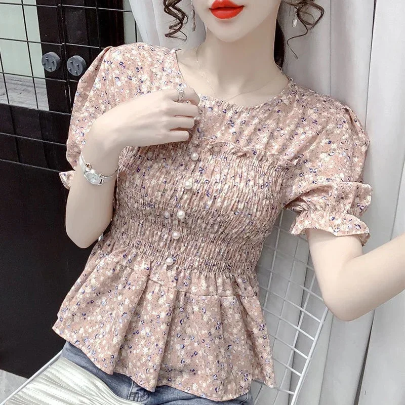 

Summer 2023 Fashion Waistband Thin Chiffon Short Sleeve Shirt Blusas Clothes for Women Tops Shirts Blouses