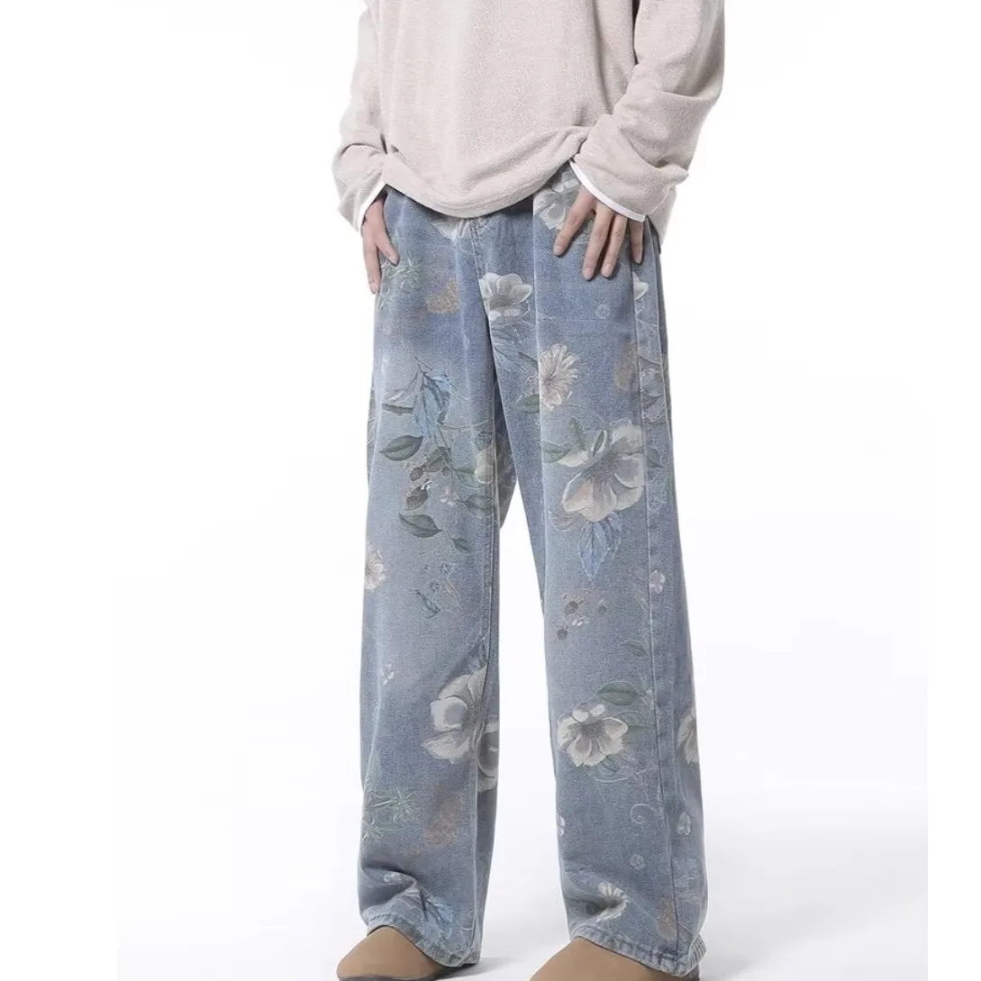 Autumn Hong Kong Style Men Washed Denim Pants Men Trendy Flower Jean Pants Homme Classic Wide Leg Pants Male Streetwear Trousers