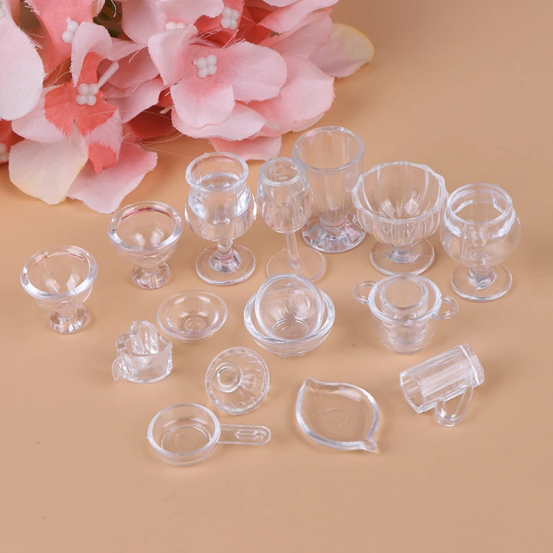 17Pcs/Set 1:12 Dollhouse Miniature Transparent Tableware Set Model Kitchen Accessories For Doll House Decor Pretend Play Toys