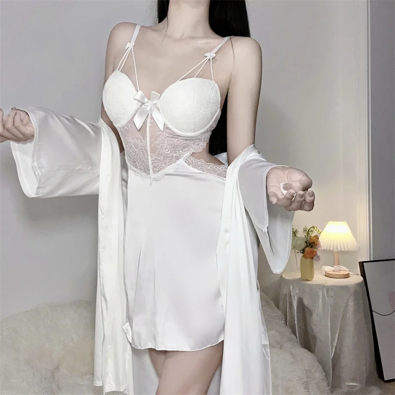 Sexy Patchwork Lace 2PCS Robe Nightgown Set Summer Female Sleepwear Intimate Lingerie Loose Silk Satin Home Dress Loungewear