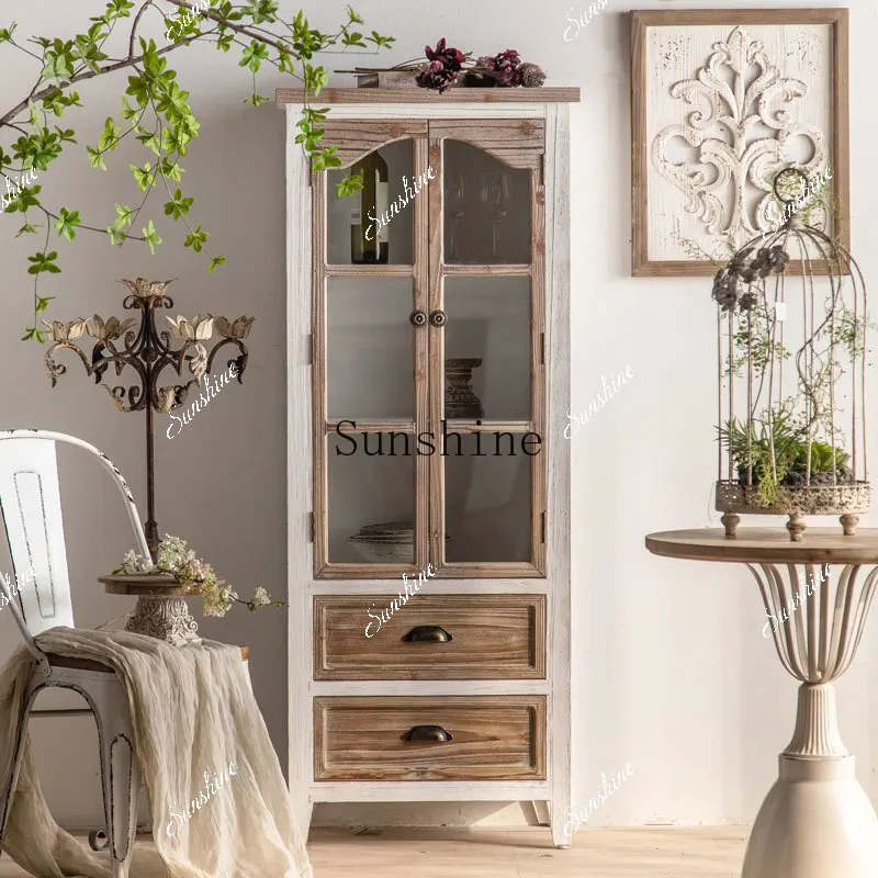 American retro solid wood bookcase floor-to-ceiling glass door household high cabinet integrated against the wall  TF