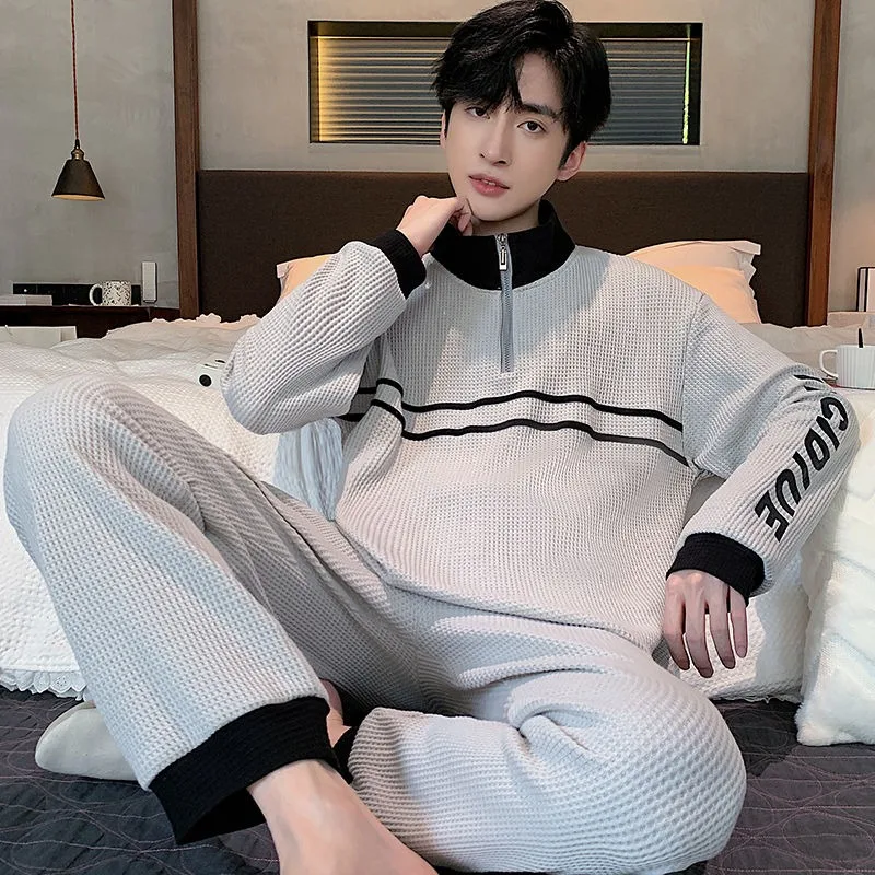 Cotton Pajamas Suit Men Spring Autumn Cardigan Sleepwear Set Zipper Long Sleeve Teen High-end  Outside Loungewear Loose Homewear