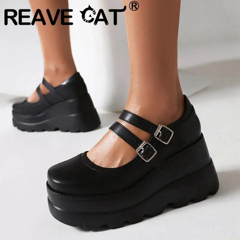 

REAVE CAT Patent Leather Women Pumps Square Toe Wedges 9cm Platform 5cm Double Buckle Strap Punk Style Casual Shoes Big Size 43