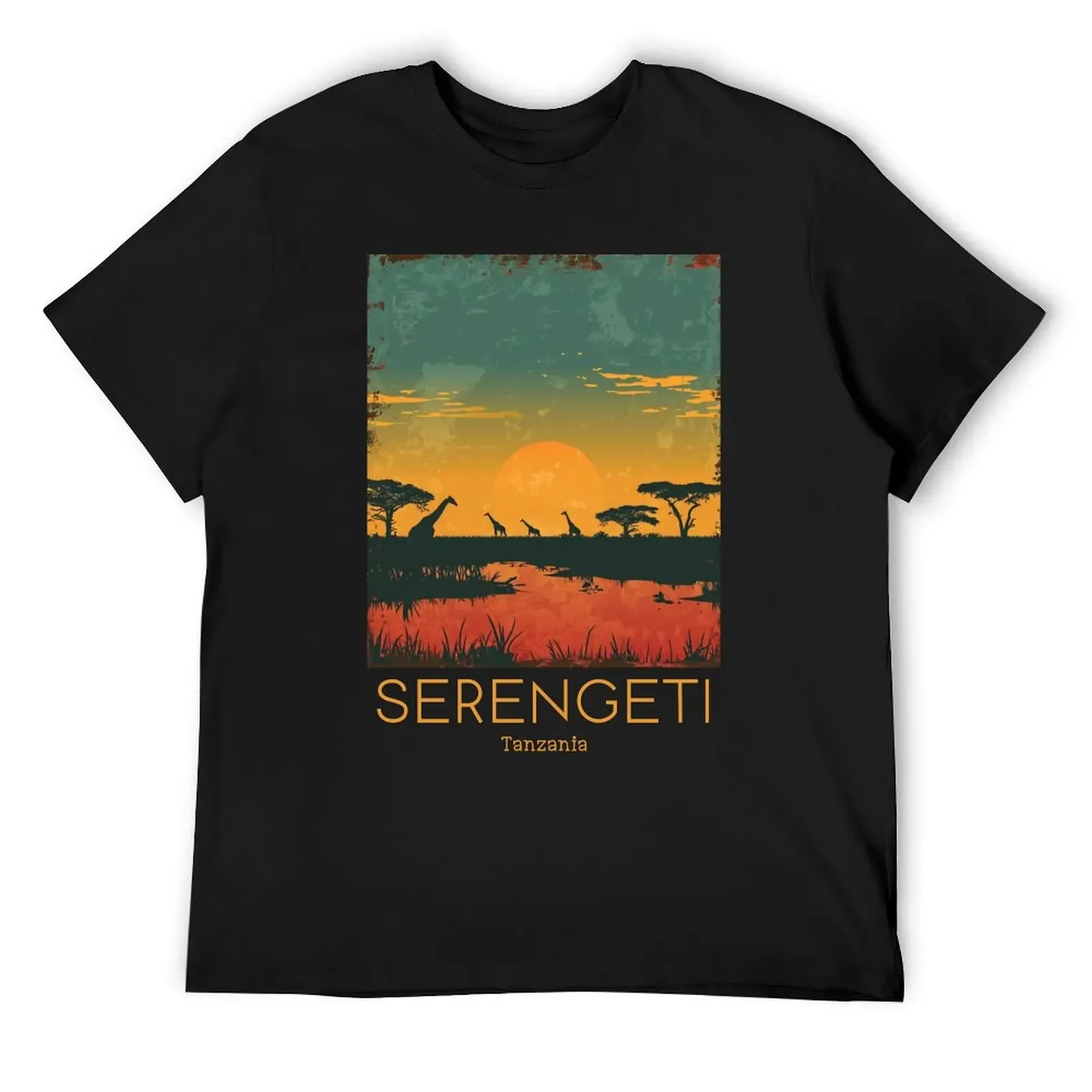 A Vintage Travel Illustration of Serengeti National Park - Tanzania T-Shirt customs anime clothes Men's clothing