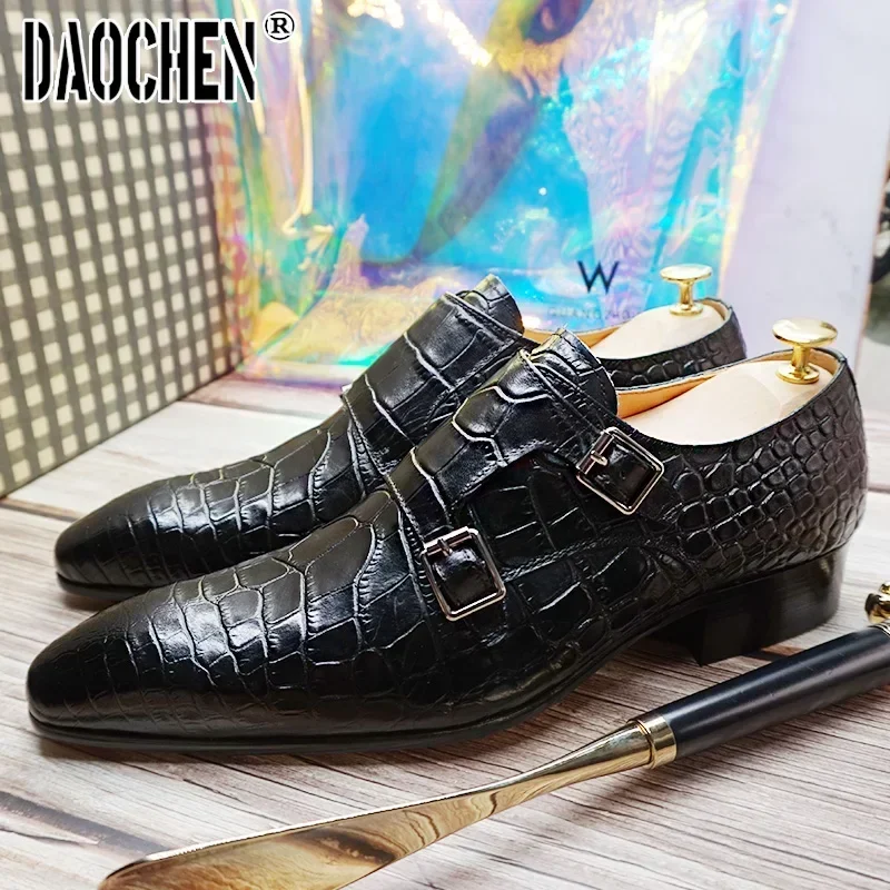 Luxury Men Shoes Black Brown Buckle Strap Loafers Genuine Leather Mens Dress Wedding Office Business Monk Shoes For Men