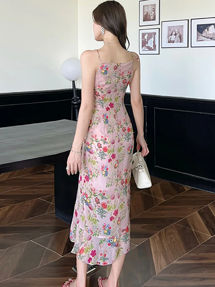 2025 pint Floral Chic à volants fronde Sexy longue robe femmes élégant décontracté plage Style robe été coréen moulante une pièce robe