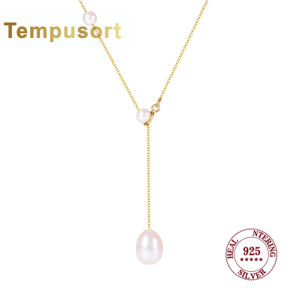 

Tempusort из стерлингового серебра 925 пробы, элегантная золотая цепочка, ожерелье из натурального пресноводного жемчуга, Y-образный дизайн, модные украшения для женщин