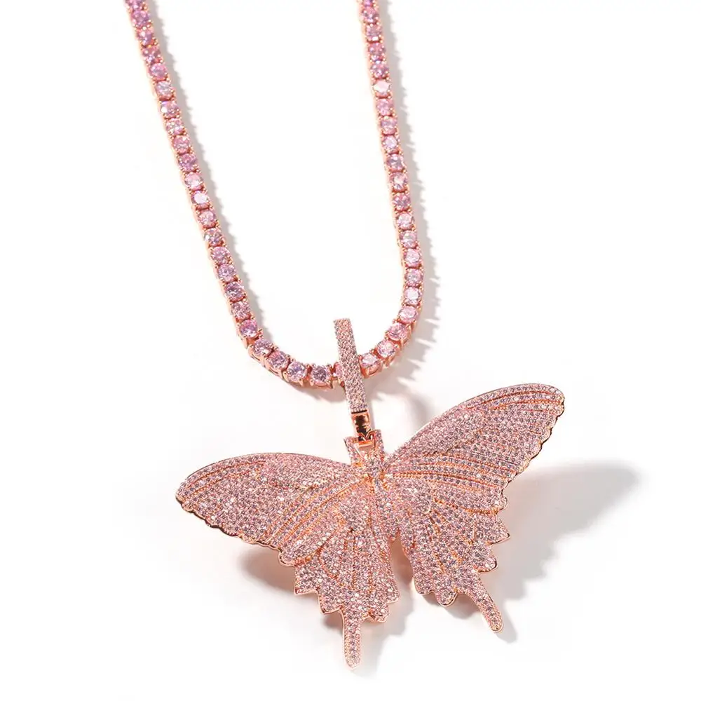 Luxury Bling Micro Paved Pink  Zircon Ice Out Butterfly Necklace Big Hip Hop Jewelry Tennis Chain