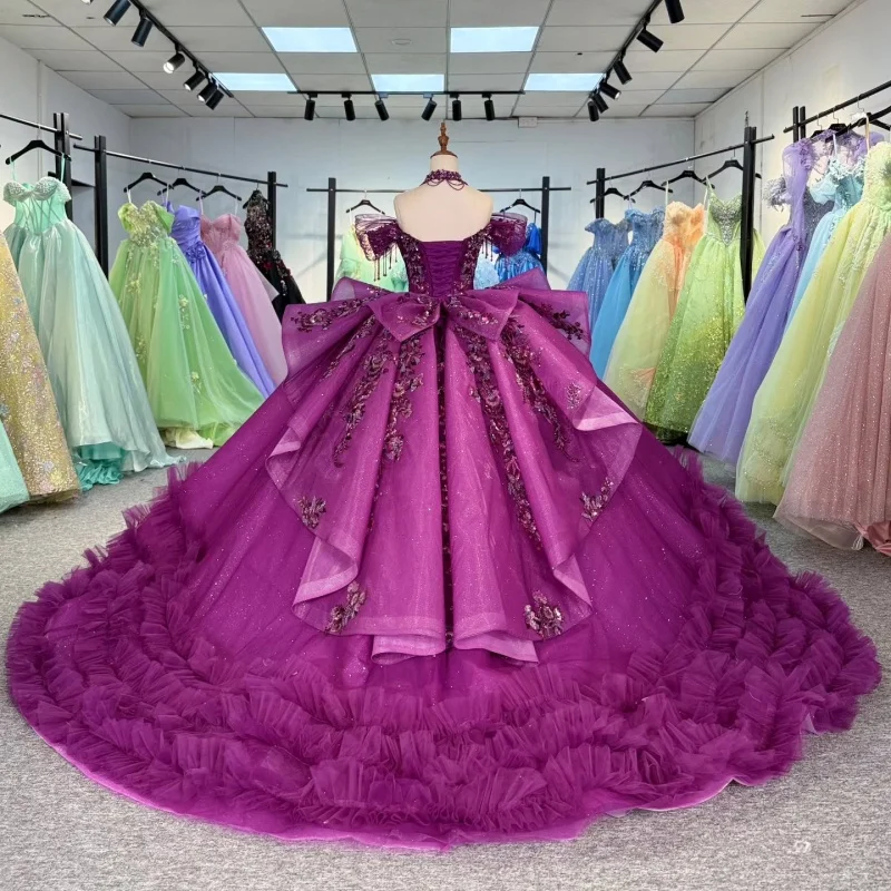 Rosa vermelha brilhante fora do ombro vestidos quinceanera lantejoulas apliques rendas miçangas tull festa de aniversário doce 16 vestido vestidos 15 de