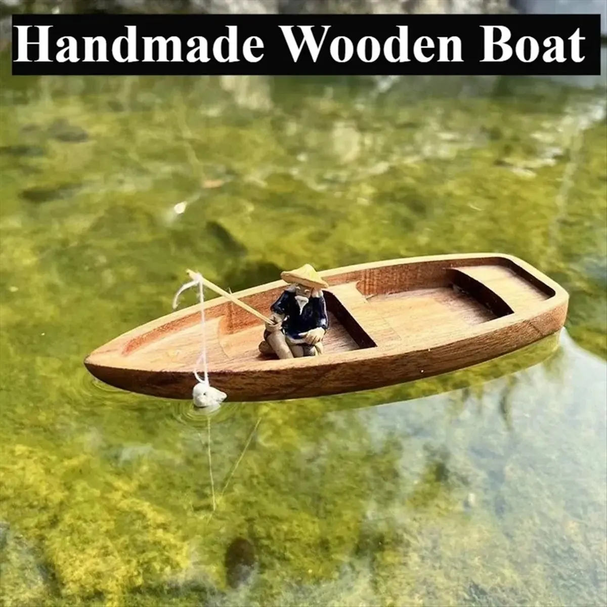 手作り木製ボートミニフローティングボートモデル漁師猫釣りボート水槽池装飾水族館アクセサリー