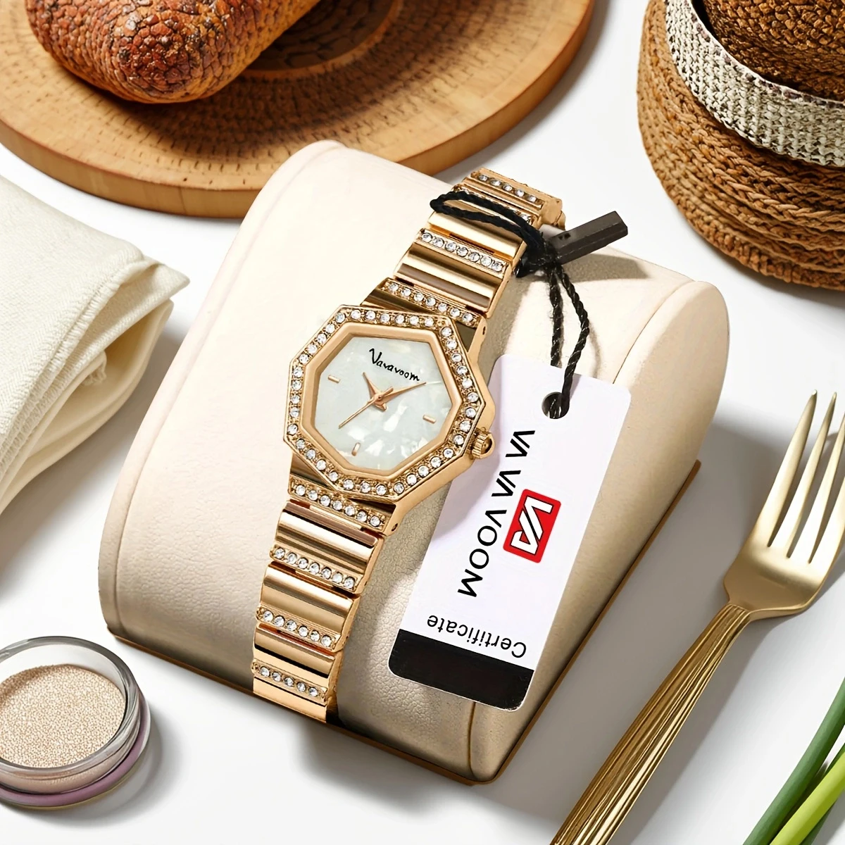 

Брендовые женские часы VA VA VOOM, модные великолепные золотые кварцевые часы из нержавеющей стали со стразами, новинка 2025, женские деловые часы