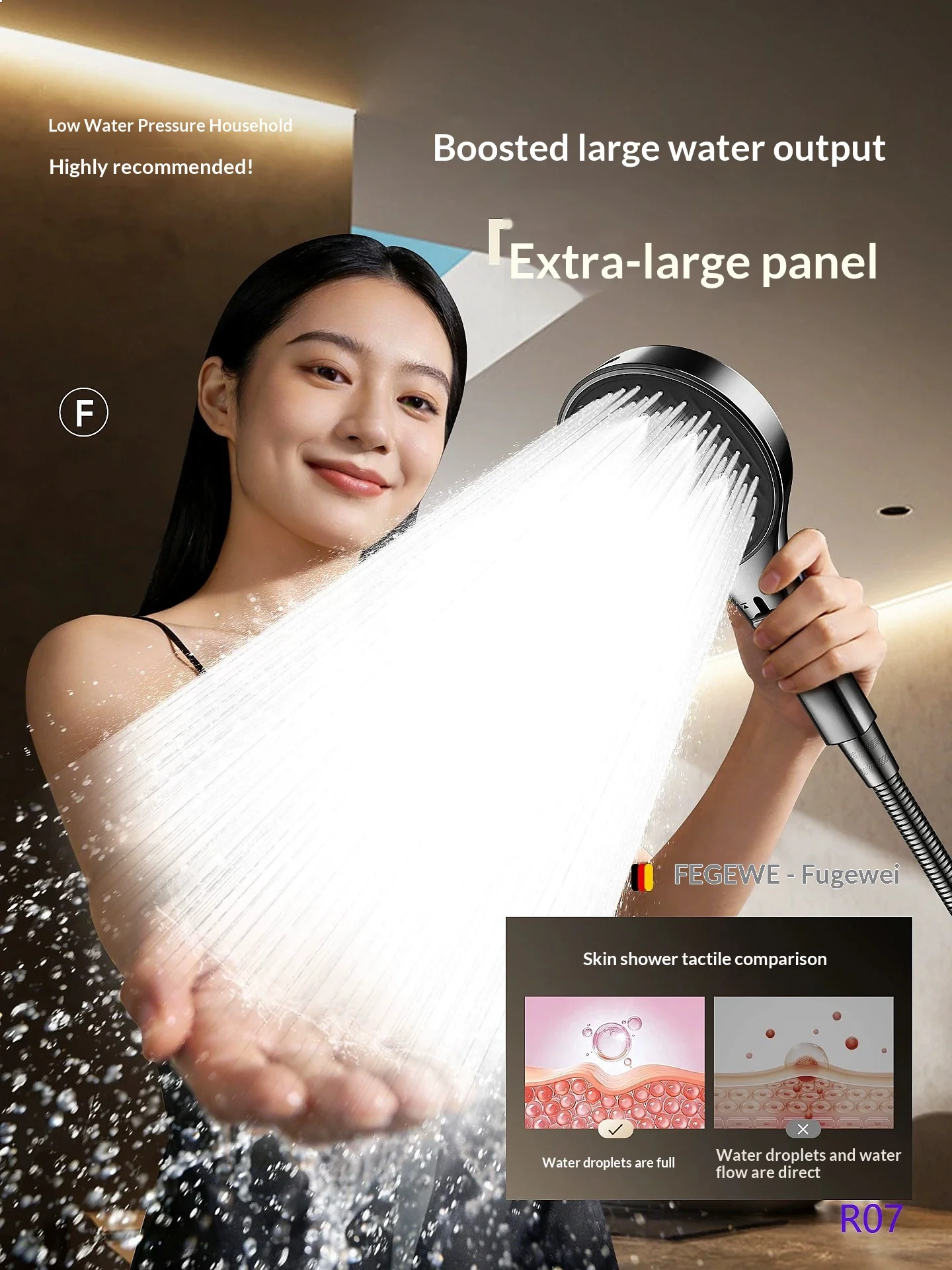 German High Pressure Shower Head Large Panel Water Saving Rainfall Bathroom
