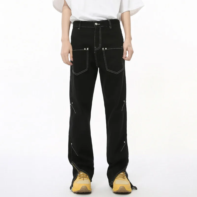 Niche Design Men's Denim Pants Multi-pocket Zippers Patchwork Trousers Slit Straight Wide Leg Casual Male Jeans Chic