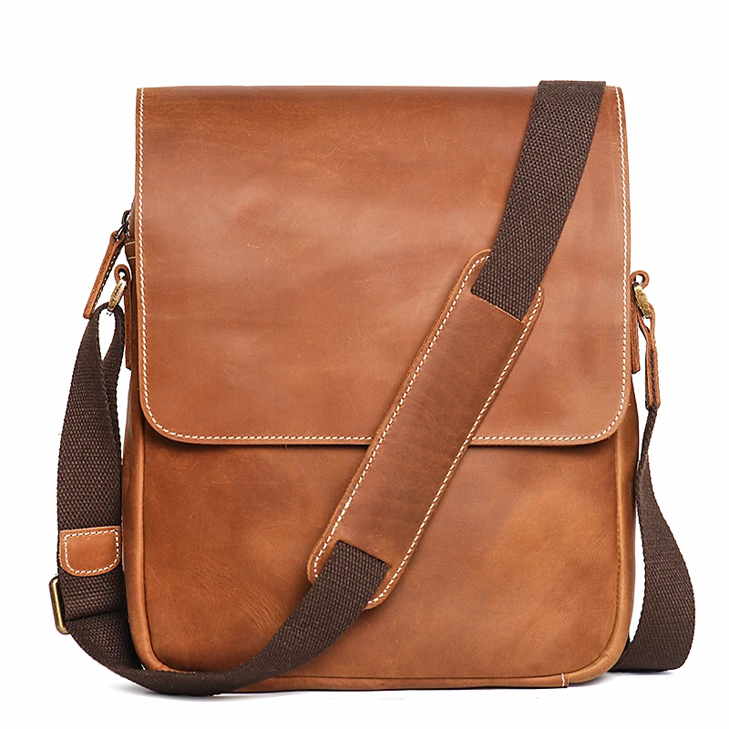 Men\'s Flap Magnetic Buckle Shoulder Bag Crazy Horse Leather Casual Crossbody Bags Top Layer Cowhide Leather Ipad Bag