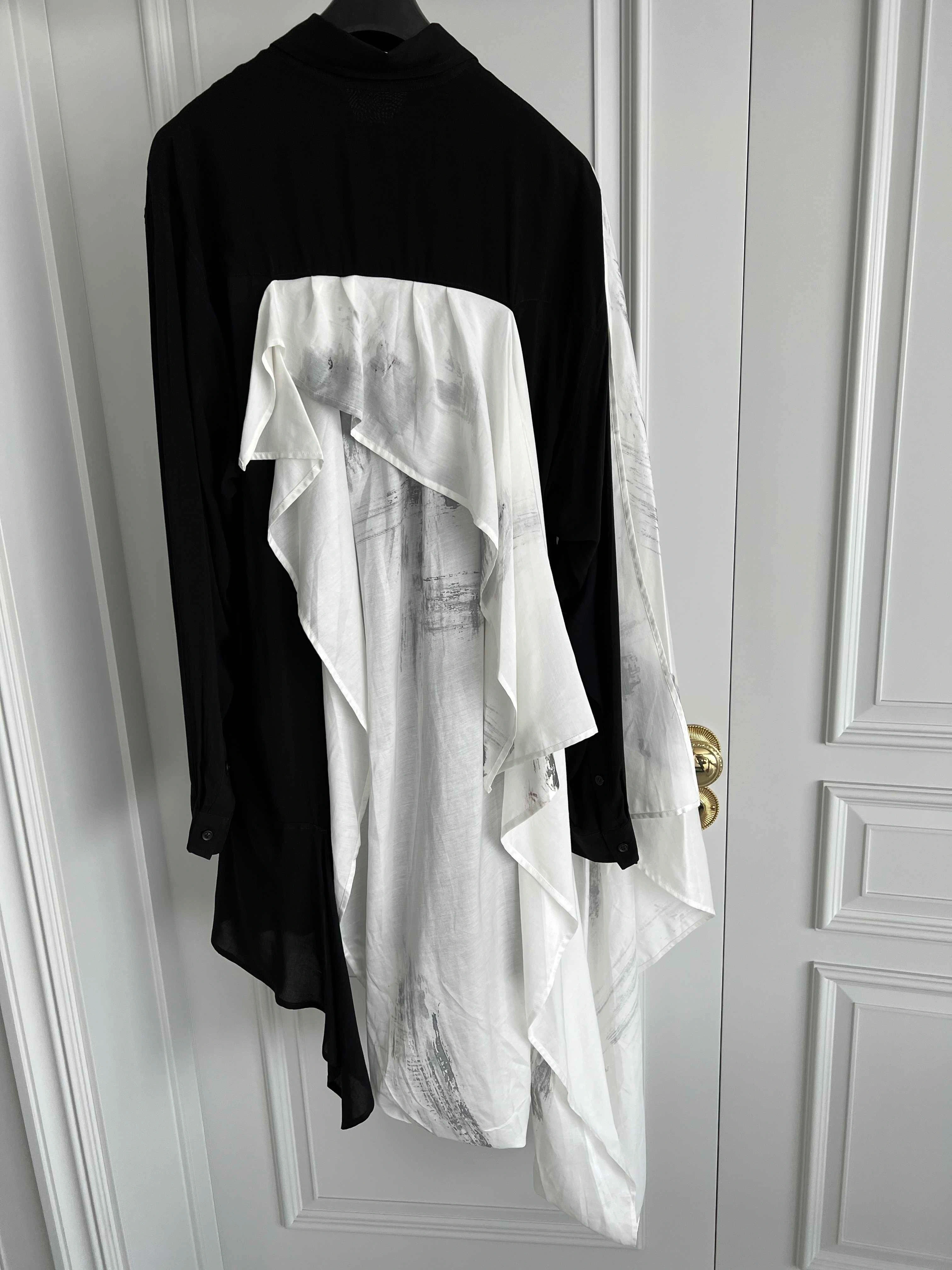 FANTASTIC Original Luxury design shirts White ink-splashed silk scarf mid-legth shirts oversied loose party elegant chic shirts