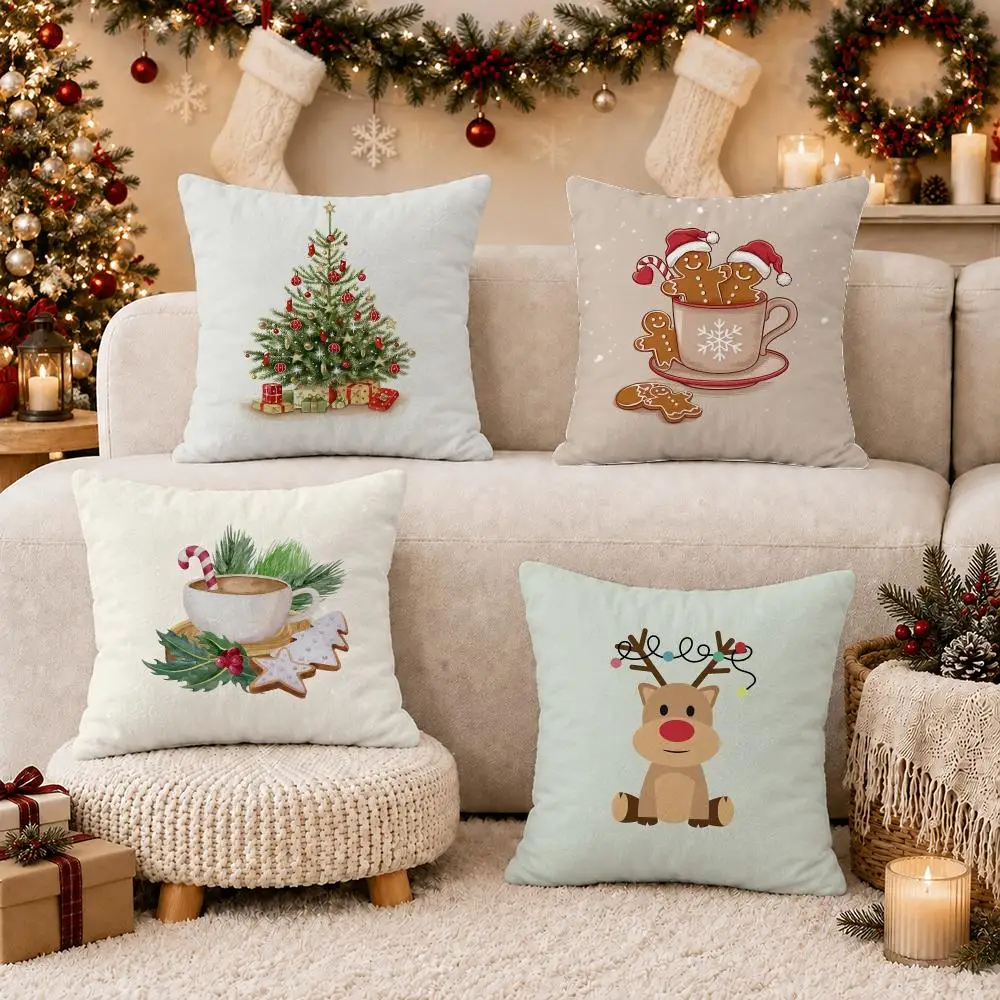 Christmas Santa and Deer Cushion Cover Soft Short Plush Double-Sided Printing Sofa Home Decor Festival Pillow Case Gifts