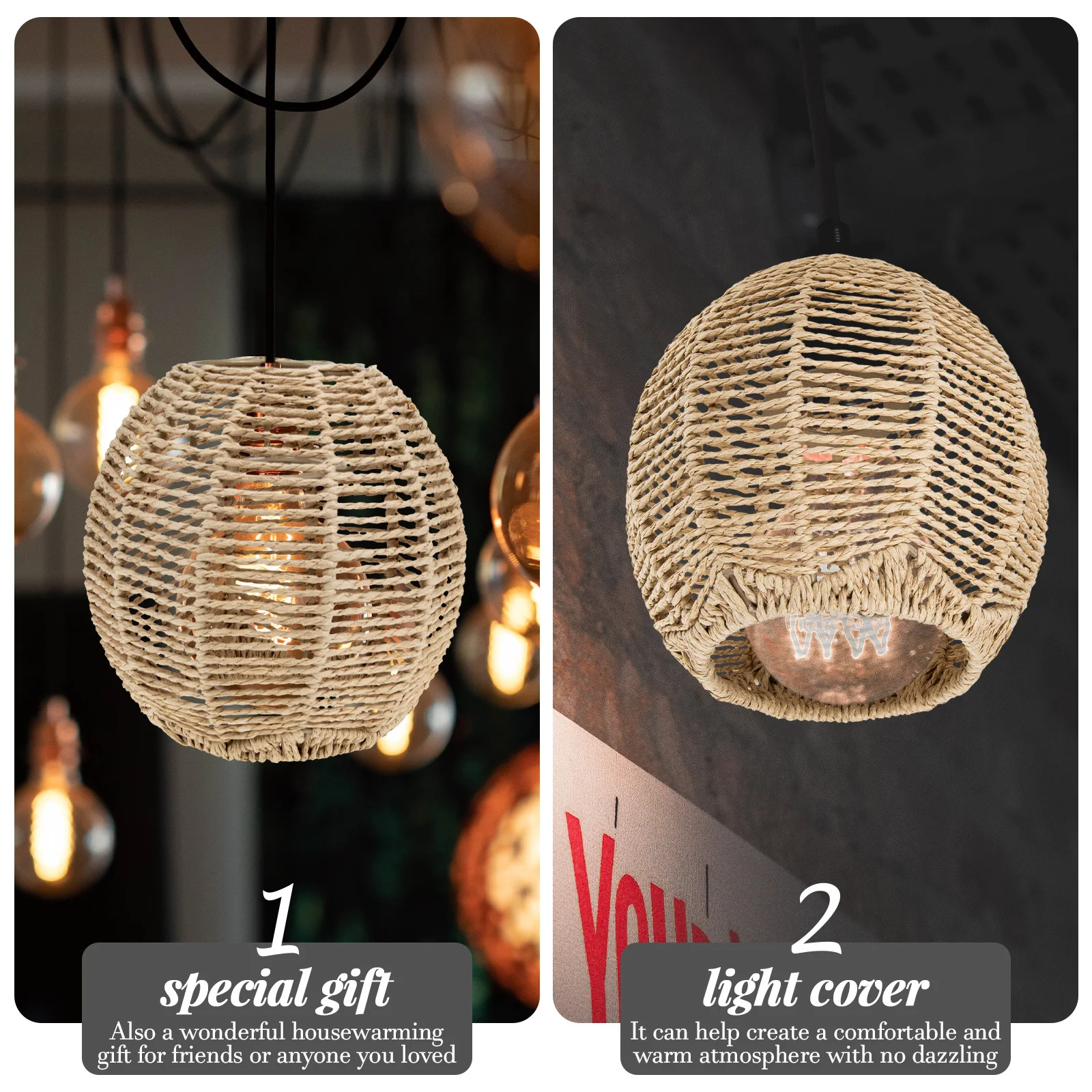 

2Pcs Bamboo Woven Lampshade Stylish Ceiling Lamp Cover Suitable for Tearoom Living Room Dining Room Pendant Light