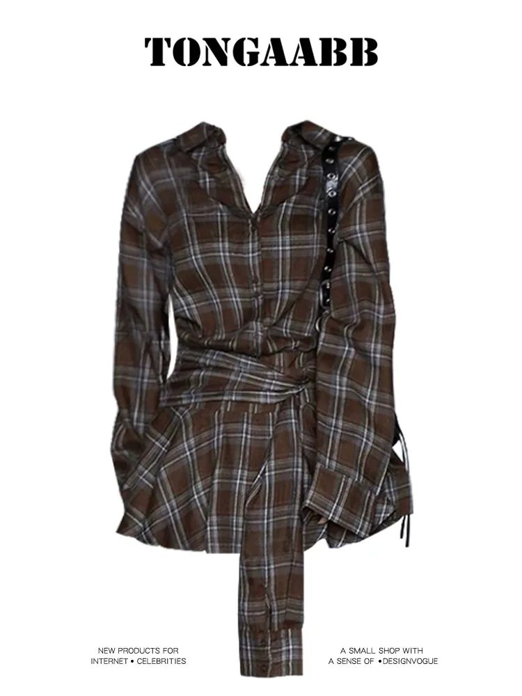 

Клетчатые лоскутные блузки большого размера, винтажная уличная рубашка-бойфренд для женщин, Ulzzang Harajuku, блузки с длинными рукавами, 2025 топов