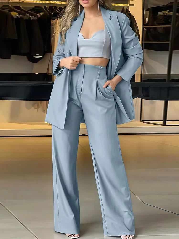 

2Pcs Pure Color Women Suit Jacket Pants Temperament Elegant Office Sets Spring Autumn Fashion Long Sleeve Business Casual Suit