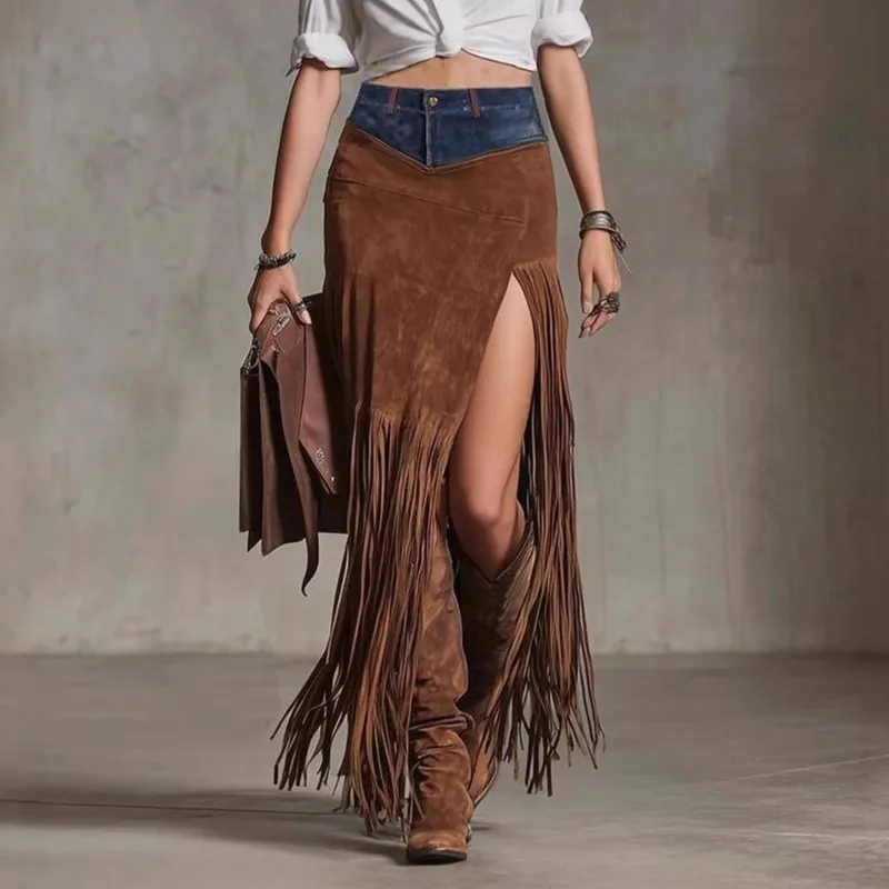 

Осенняя замшевая юбка с высокой талией для женщин, сращенная кисточками ​ ​ Сексуальная юбка с имитацией джинсового края и нерегулярным разрезом, уличная одежда Hottie