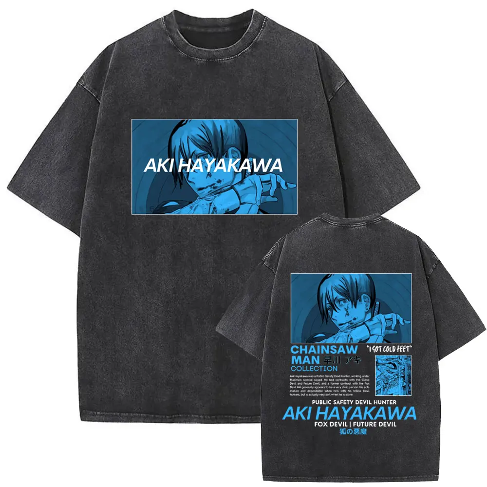 

Washed Vintage Anime Chainsaw Man Hayakawa Aki Graphic T Shirt Men Women Fashion Casual Oversized T-shirt Manga Lovers Fans Gift