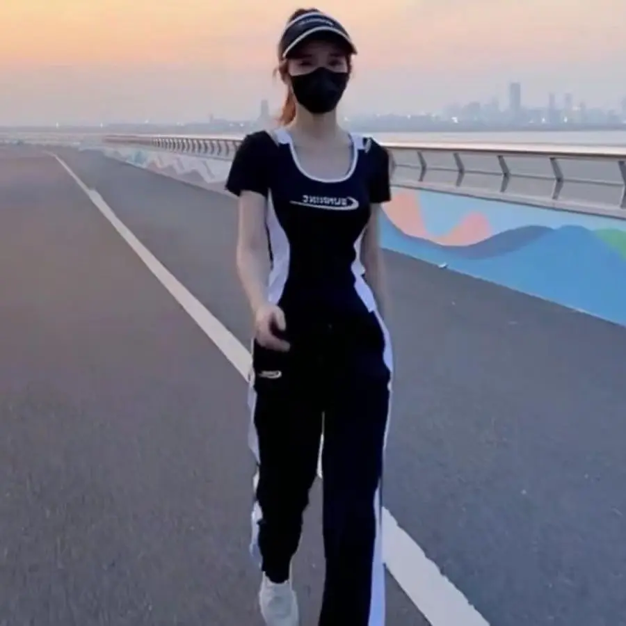 Black Casual Sports Set Women's Small Size Yoga Fitness Elastic Short Sleeve Outdoor Running Suit Two-Piece Set round Neck