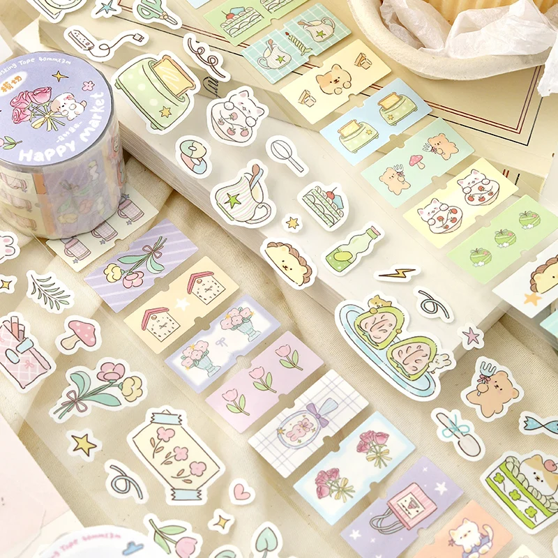 Taśma do wycinania w stylu Cute, seria Happiness Roaming, 40 mm * 3 m, urocze zwierzęta i kwiaty, do scrapbookingu DIY, estetyczne naklejki papiernicze.