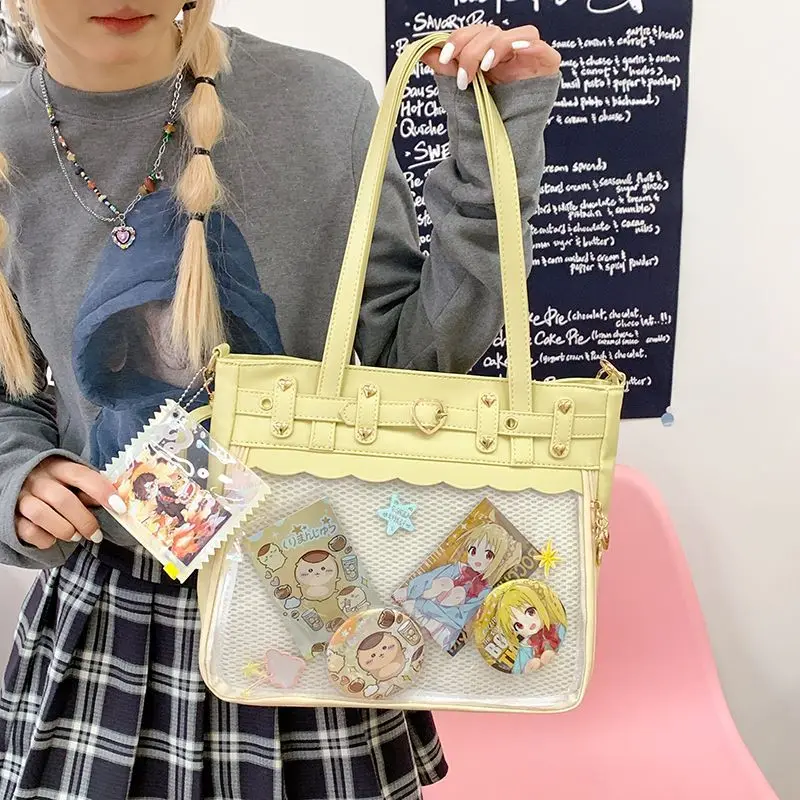 

JIAERDI Harajuku Studded Tote Bag Women Cartoon Anime Transparent Large Capacity Shoulder Bag Ladies Solid Color Crossbody Bags