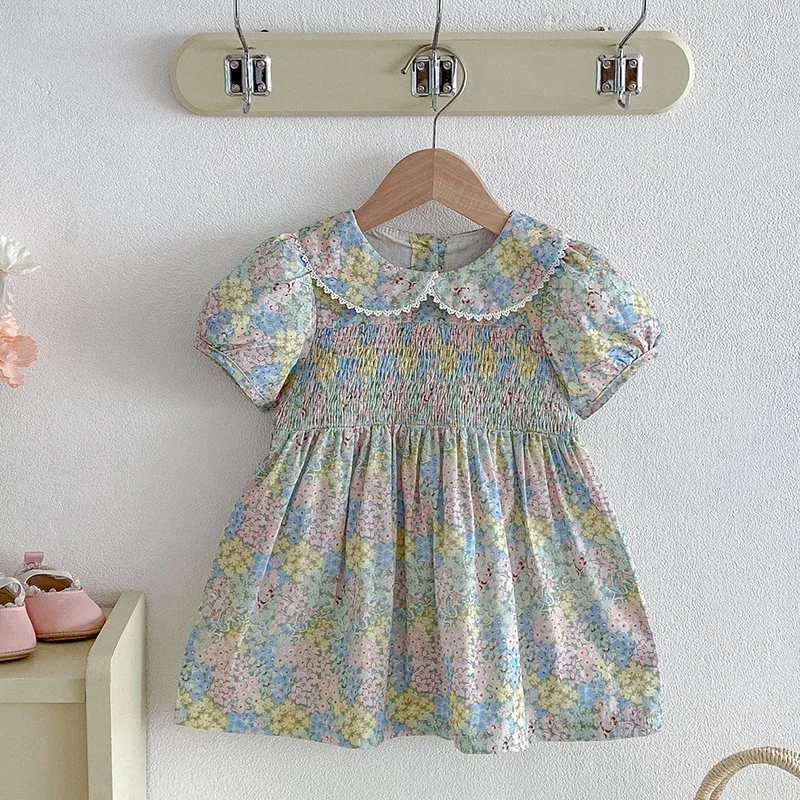 2026 New Summer Sister Clothing Children Clothes 1-4Yrs Baby Girl Party Dress Short Sleeved Cotton Print Kids Princess Dress