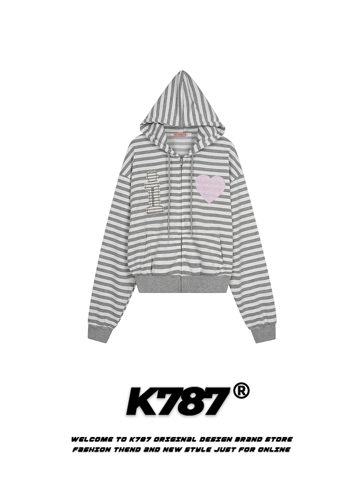 

Мужская молодежная весенняя куртка-худи K787 в американском ретро-стиле с полосками, нашивками-сердечками и молнией, свободного кроя, повседневная