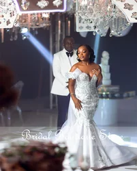 Brilliant African Mermaid Wedding Dress Off Shoulder Pearls Beading Elegant Bridal Gowns Vestido De Novia Robe De Mariee Custom