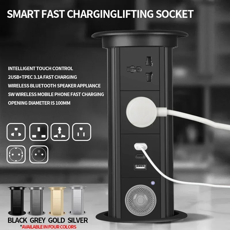 

Motorized Pop up Tower Socket Wireless Charger Automatic Power Plug Desktop Worktop ,Eu Fr Socket USB Type-C Bluetooth Speaker