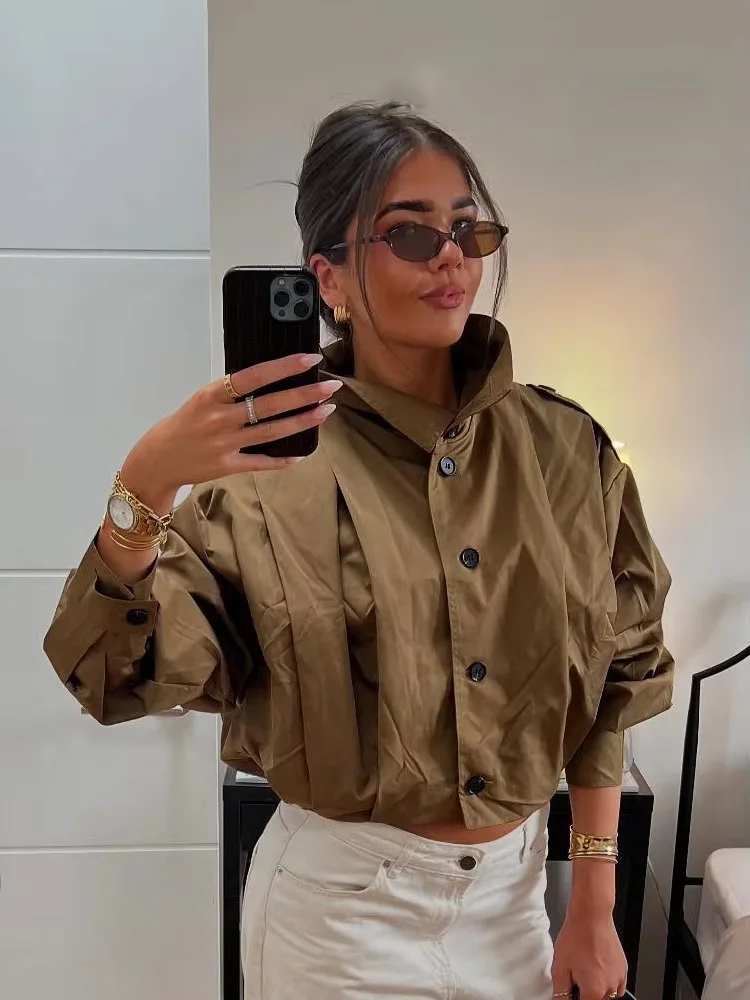 

HH женское новое модное универсальное однобортное плиссированное пальто женское повседневное свободное короткое пальто с длинными рукавами Mujer