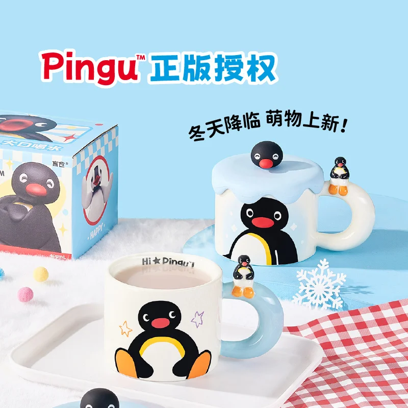 400ml Kawaii Cute Pingu Ceramic Mug With Handle And Cover High Value Cartoon Cup For Coffee Tea Birthday Gifts Household Item