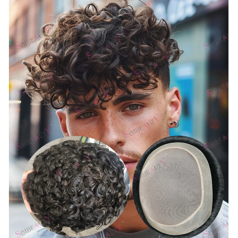 

Durable Natural Hairline Curly 100% Human Hair Man's Wigs Jet Black Dark Brown 0.1mm PU&MONO Base Men Toupee Remy Hair System