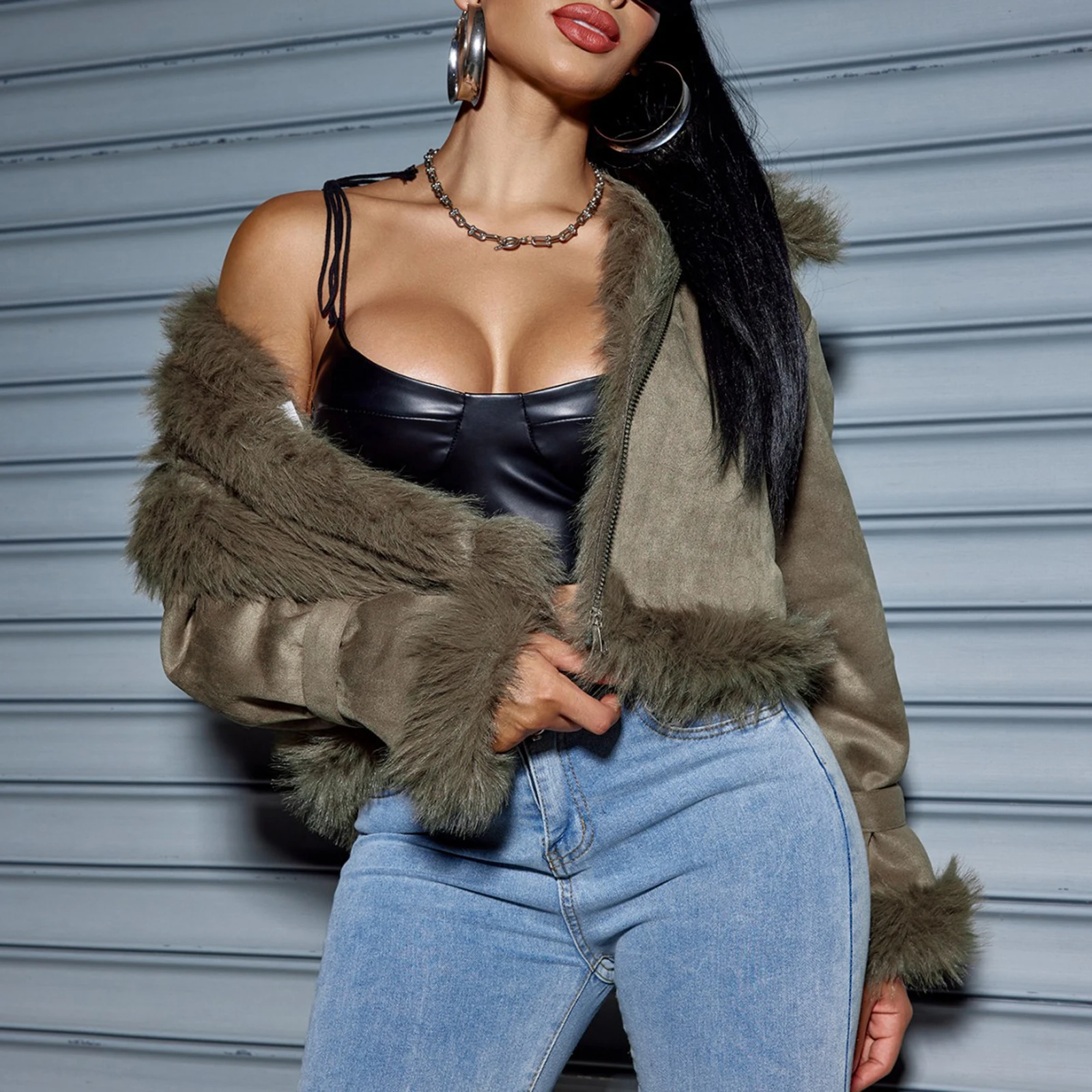 Luxury Womens Winter Suede Crop Jacket Long Sleeve High Neck Zip-Up Warm Fashion Comfortable Coat