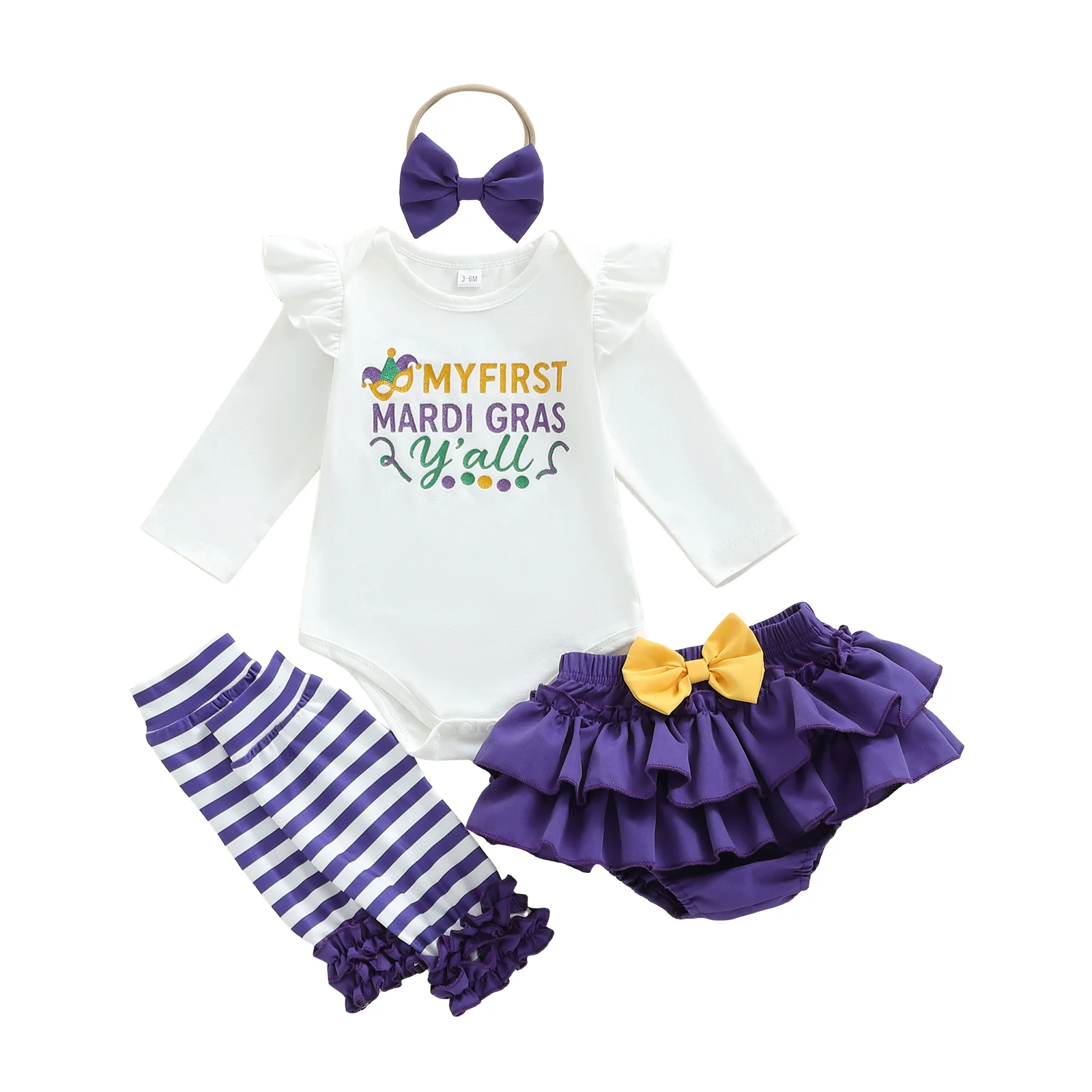 

Baby Girl Mardi Gras Outfit Letter Print Romper Tiered PP Shorts Leg Warmers and Headband Sets