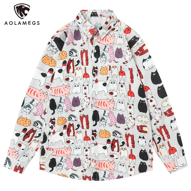 

Men's Shirts Cartoon Cat Print Blouse Button Up Lapel Fall Coats Cute Casual Style Loose Tops Long Sleeve Unisex Clothes Autumn