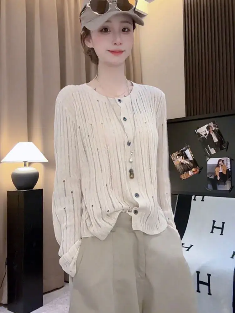 

Women's Hollow out Knitted Long Sleeve Lightweight Summer New Style Korean round Neck Breathable Sun Protection Shirt Cover u...