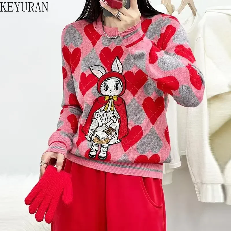 2024 New Love Rabbit Jacquard Pullover Sweater Women Spring Autumn Vintage O-Neck Long Sleeve Knitted Sweaters Jumper Pull Femme