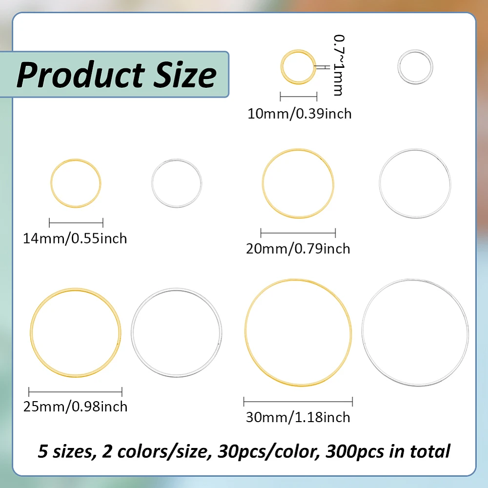 300pcs Open Bezel Charms 5 Sizes Circle Earring Beading Hoop 2 Colors Wire Loop Charms Golden Silver Hoop Linking Frames for DIY