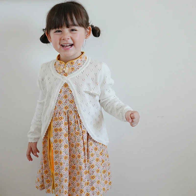 

2024 Baby Girls Korean Cardigan Knitted Thin Knitting Coat Sweater Spring Bow Solid Color Knitwear Children Kids Autumn Clothes