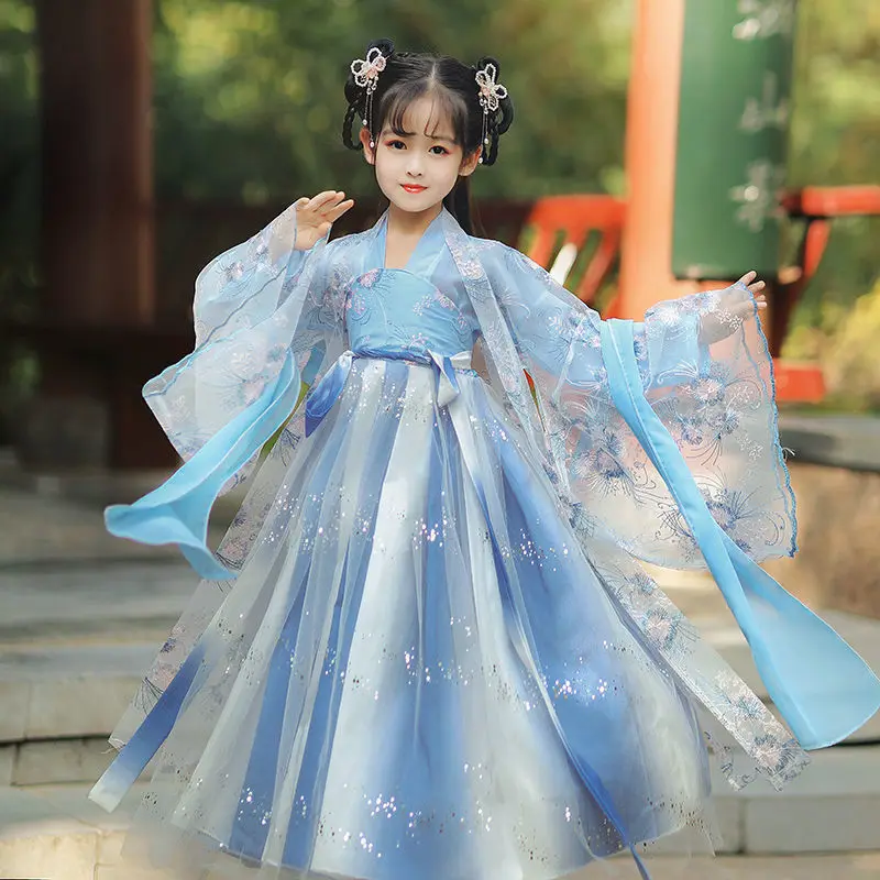 Chinese Traditional Girls Blue Hanfu Princess Dresses Set Kids Party Cosplay Clothing Folk Dance Dress Fairy Costume