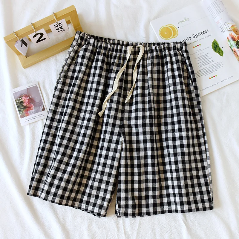 

Мужские пижамные штаны, летние шорты в клетку из стираного хлопка, простой стиль, повседневные дышащие, впитывающие пот, тонкие шорты больших размеров, однотонные C
