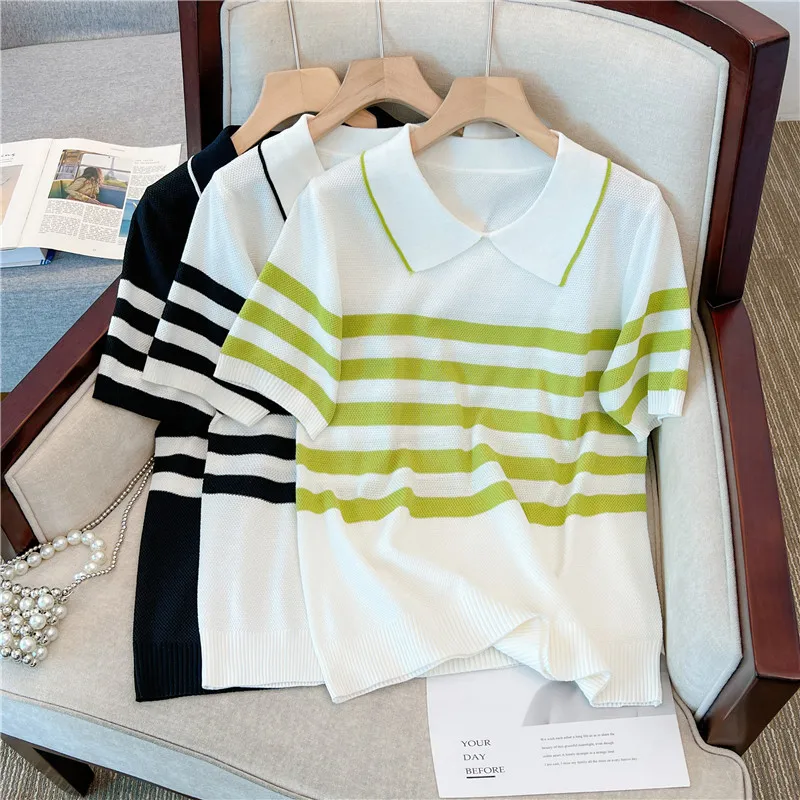 Stripe Color Polo Collar Sweater Women\' Thin Loose Underlay Short Sleeve Gentle Style Knitwear Pullover Mujer Top Summer New