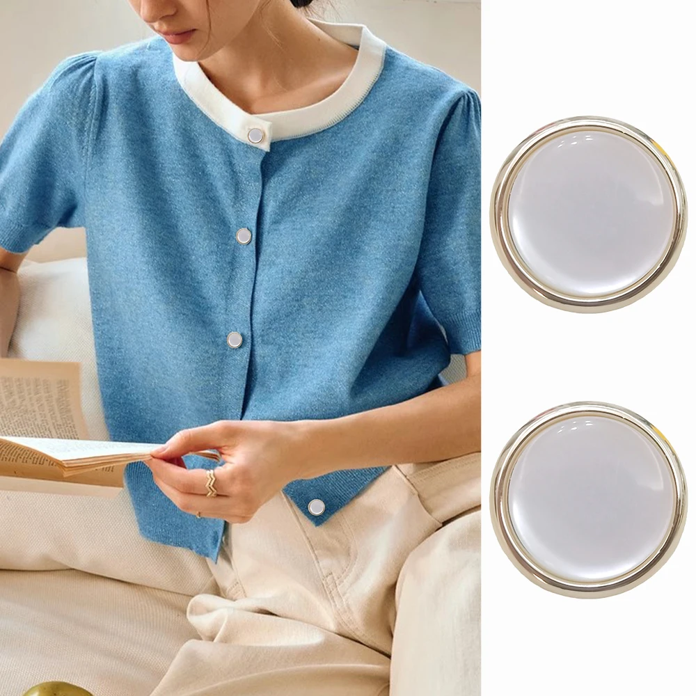

10pcs High-End Round Pearlized Gold Trim Plastic Buttons 10/15/21/25mm White for Coat Dress Shirt, Minimalist Decorative Buttons