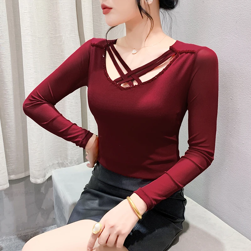 

2024 New European Clothes Fall T-Shirt Chic Sexy V-Neck Hollow Out Shiny Beading Mesh Women Tops Long Sleeve Elastic Tees 49034